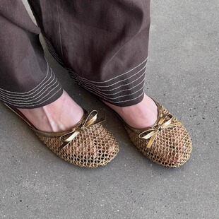 25春夏 圆头穆勒鞋 新款 编织镂空平底凉鞋 针织蝴蝶结拖鞋 unfolio