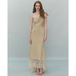 TENSION ARCHIVE金色女神不规则褶皱蕾丝拼接拖尾长裙修身连衣裙