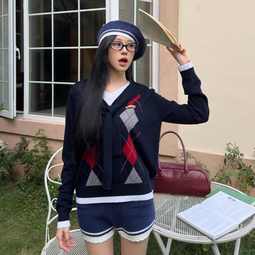 ARTE PURA25秋冬胶囊新款学院风简约披肩假两件菱形格针织毛衣女