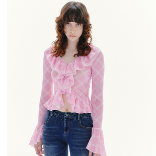 蕾丝拼接雪纺荷叶绑带开衫 2S秋冬新款 上衣百搭 HSU ESTER