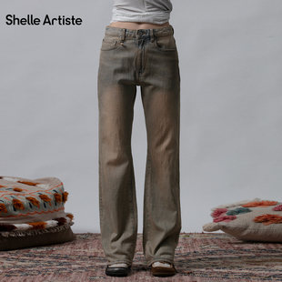 ShelleArtiste 26春季新款时髦复古随性马上有酒微喇做旧牛仔裤