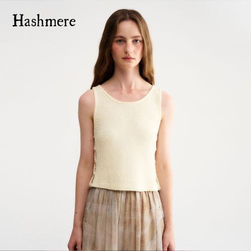 Hashmere 26SS 米白色肌理侧缝镂空上衣手工串珠显瘦提花针织背心