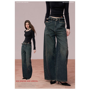 VIAPITTI设计感水洗做旧款大口袋宽松牛仔裤女装秋冬立体刺绣长裤