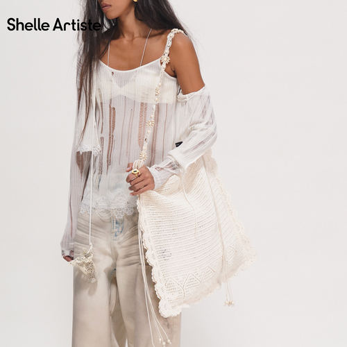 Shelle Artiste 2026夏季米白色度假风单肩斜挎跳舞吧钩花编织包