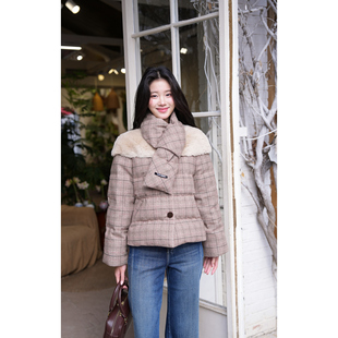 棕咖色复古格纹羽绒服 25AW GUO JINGYI