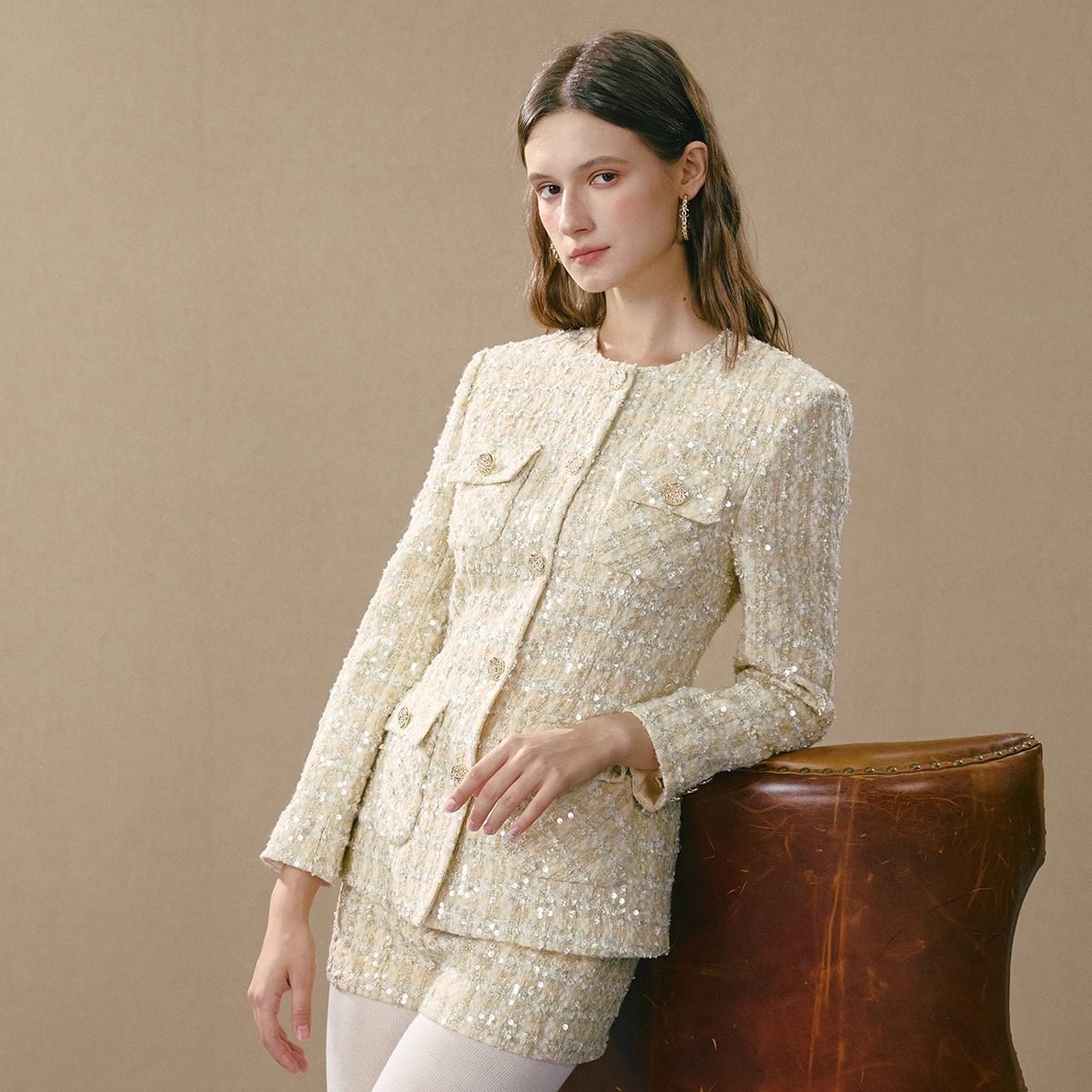GUO JINGYI 25AW 亮片粗花呢收腰外套,女装/女士精品,时尚套装,淘宝优惠券,粉丝福利购,淘宝优惠卷
