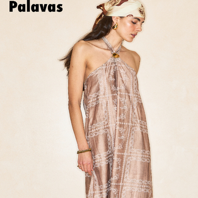 PALAVAS何瑞贤金靖同款棕榈帷幔刺绣连衣裙挂脖长裙女原创设计
