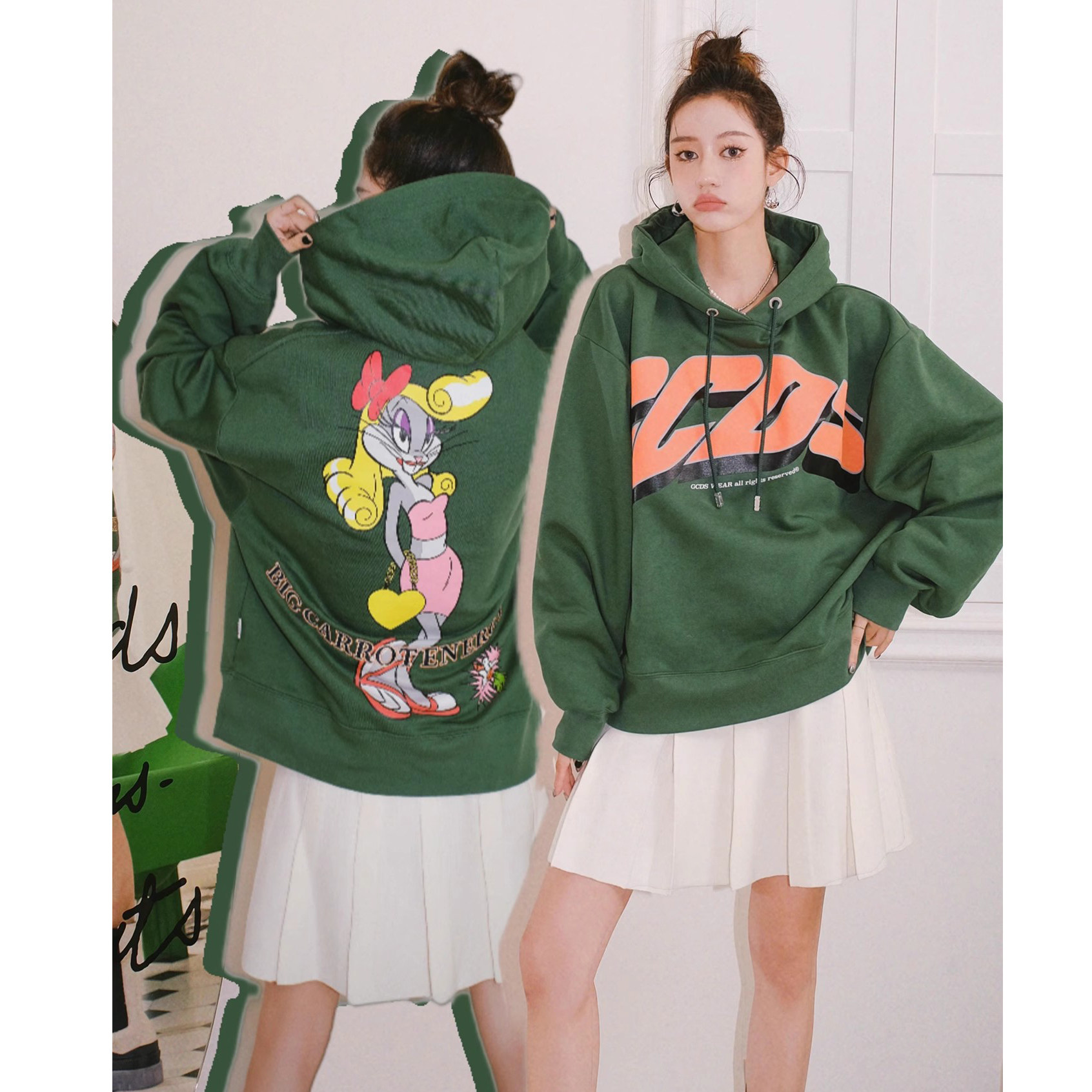 【清货折】GCDS 秋冬新款LOGO字母兔子动漫图案连帽卫衣绿色