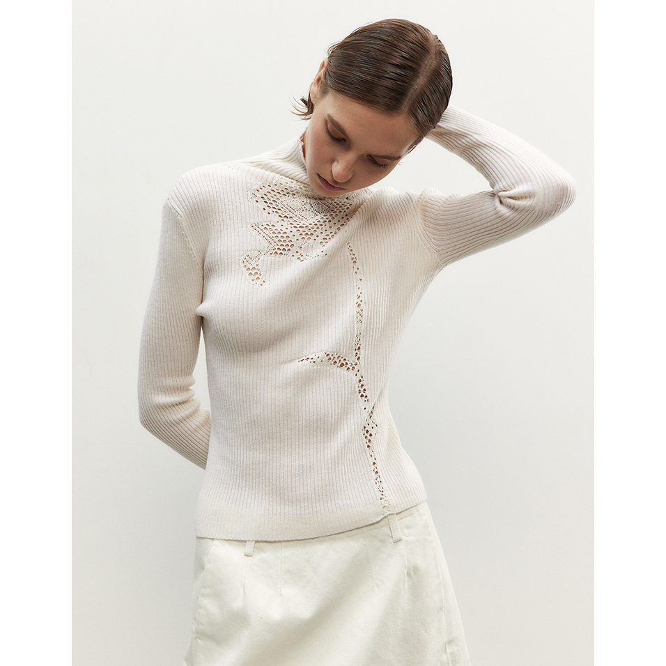 NONETONE 25AW秋冬新品 设计感镂空高领修身针织衫女纯色羊毛打底