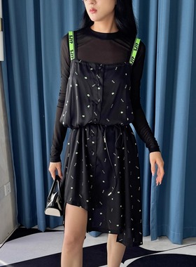 【国现S】SJYP潮牌吊带长背带荧光绿色logo印花宽松连衣裙女