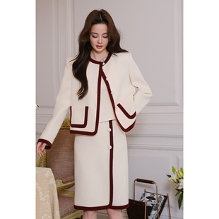 Maison Wester25秋季 白红撞色包边短款西装外套色包边西装半裙