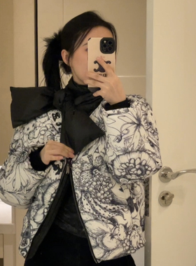 【清货折】Laurence Chico秋冬黑白印花围脖羽绒面包服夹克女