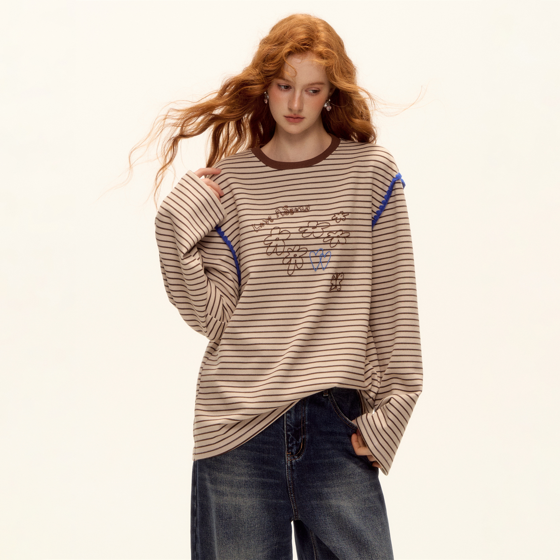 AsGony 25AW新款 条纹米粒绣贝壳绣圆领T恤