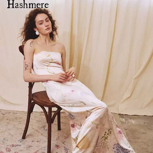 Hashmere25春夏浪漫印花氛围感长裙醋酸丝绒度假礼服抹胸连衣裙
