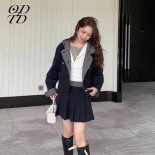 【设计师女装】ODTD25秋冬新款薄呢格子连帽撞色短款外套百褶裙女