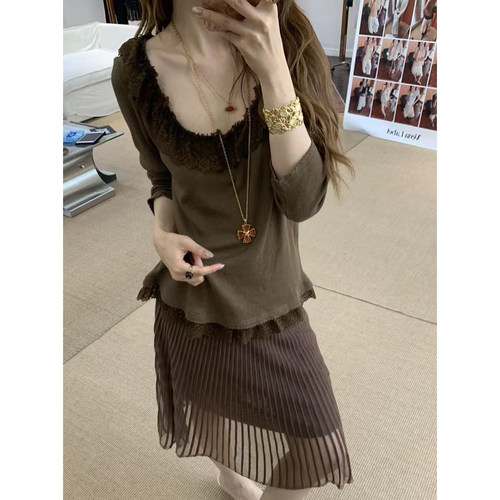 Vena Label 26AW 蕾丝拼接修身打底衫百搭显瘦长袖T恤上衣