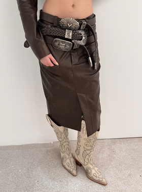 MARKGONG 26SS  棕色皮革黑色迷彩三腰头半裙高级