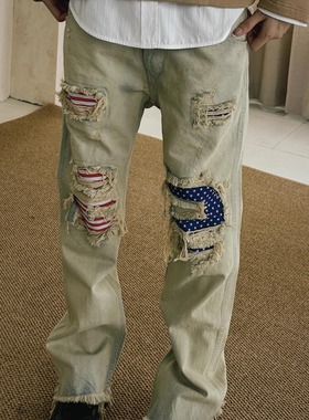 【3折清货M】LOST GENERAL破洞装饰浅灰色牛仔裤牛仔长裤宽松