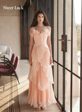 Sheer Luck Venetian 设计感多层压褶细闪珠光连衣裙修身抹胸长裙