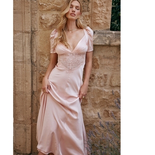 cb2023夏新款 正品 连衣裙 House 代购 粉色蓝色蕾丝拼接长款