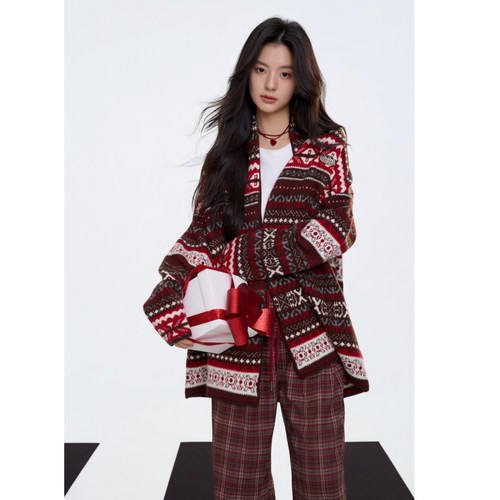 Aimme sparrow25FW 红色费尔岛毛衣开衫咖色格纹抽绳裤