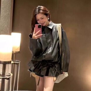 时髦复古机车风个性 lost 抽绳宽松皮夹克外套 新款 25AW echo