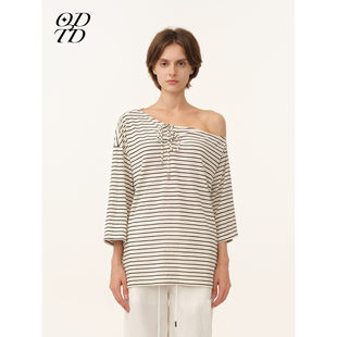 纽扣系带斜肩条纹T恤度假风上衣女 ODTD26春夏新款 设计师女装