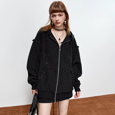 ROCHAROMA2025秋冬连帽订珠卫衣外套绑带卫裙