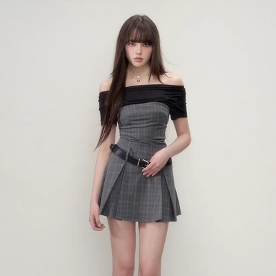 【清货折L】VIAPITTI官方授权2025ss设计感拼接格子一字领连衣裙