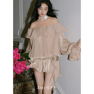 Jean 赤茶玫瑰琉光律动荷叶边一字肩抹胸连衣裙 SOO