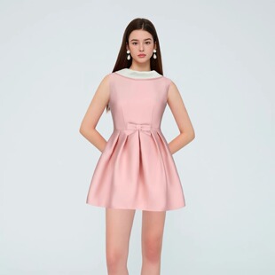 粉色丝毛领口撞色蝴蝶结收腰无袖 25AW 连衣裙 HSU ESTER