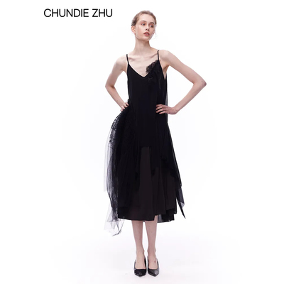 CHUNDIE ZHU 春夏手工叠褶双层透纱分割拼缝露背吊带连衣裙