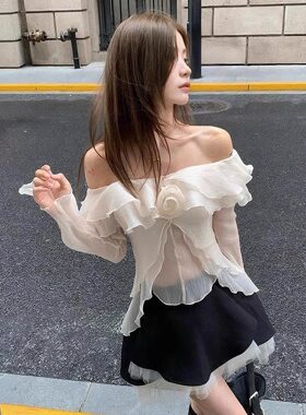 MUST HAVE 25SS  一字肩网纱长袖上衣 短款半裙套装