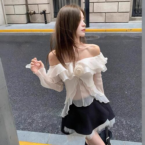 MUST HAVE 25SS  一字肩网纱长袖上衣 短款半裙套装