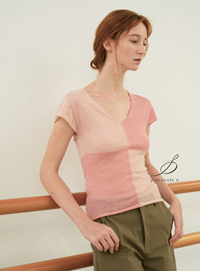 Piacevole e SS26  修身拼色方格羊毛混纺针织弹力V领短袖上衣