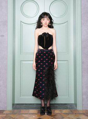 【清货折XS】LUMING ROOM 黑色丝绒玫瑰蝴蝶结丝带抹胸玫瑰半裙
