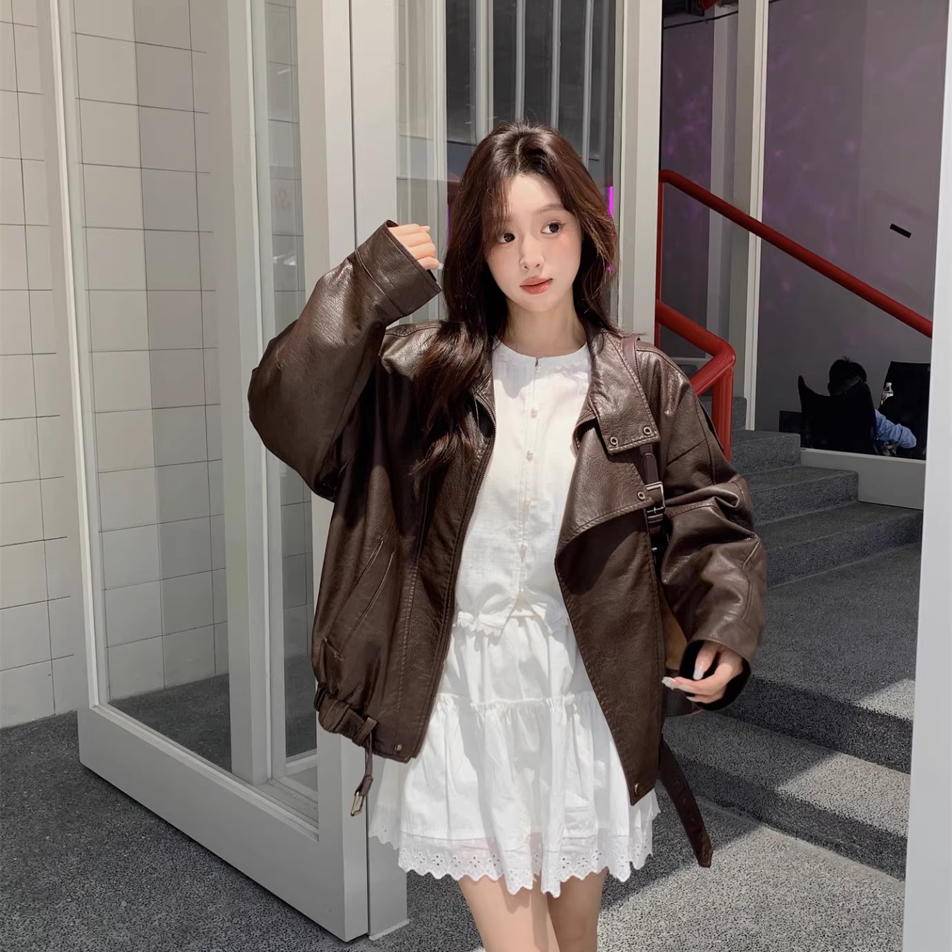 FOR WHY 25AW早秋新款小众复古设计感斜领拉链PU皮外套