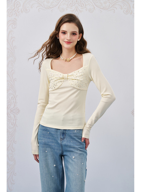 Three Quarters 26SS新款 淡黄色莱赛尔烫钻打底T恤