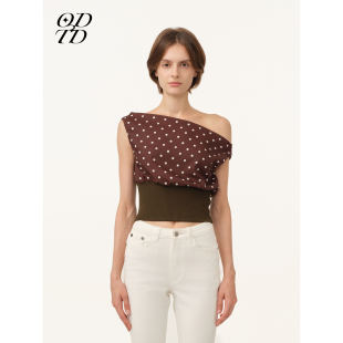 波点印花罗纹下摆斜肩上衣修身 ODTD26春夏新款 显瘦 设计师女装