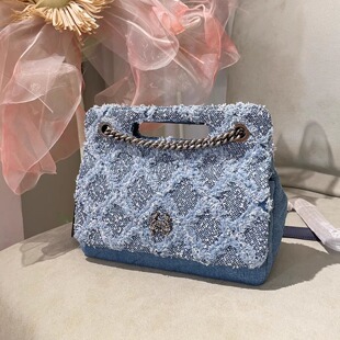 Laurence Chico 蓝色牛仔毛条菱格牛奶盒包包中号