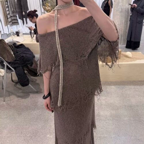 现货 PLAYAPLY 26春夏 斜肩破须上衣 不规则破须长裙