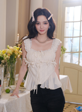 Maison Wester25甜美白色方领抽绳褶皱蝴蝶结上衣绑带微喇牛仔裤