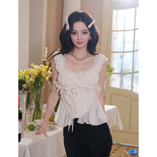 Maison Wester25甜美白色方领抽绳褶皱蝴蝶结上衣绑带微喇牛仔裤