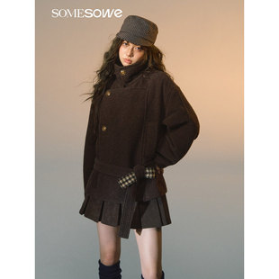SOMESOWE 2025FW秋季新款  格纹拼接毛呢短款外套