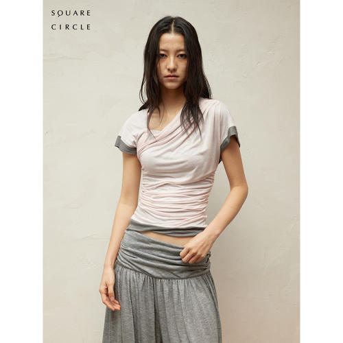 现货 SQUARE CIRCLE 26SS 方圆中式拉链双层堆褶朦胧短袖上衣