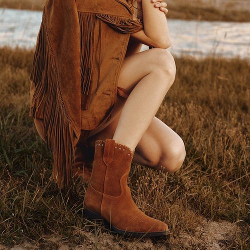 BREAD TREE 面包树 25年新款 复古编织中筒西部靴擦色真皮时装靴