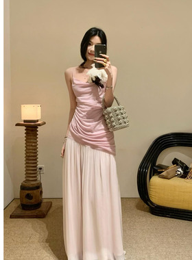 BING XIOUGN 26SS新品淡紫粉色斜尾褶皱针织吊带真丝拼接针织半裙