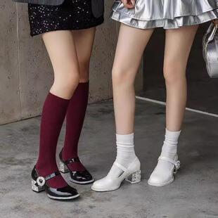 SHOESZOOO高跟鞋女2025春季新款水钻皮鞋厚底粗跟法式玛丽珍女鞋