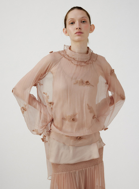 NONETONE  飘羽花语贝母粉肌理立体绣花桑蚕丝飘带长袖上衣半裙