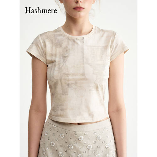 Hashmere 26SS 短款T恤法式圆领短袖上衣 钉珠亚麻短裙裤A摆半裙